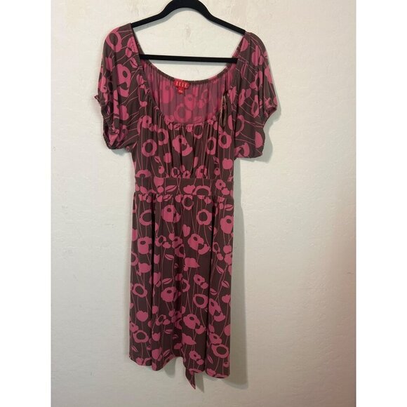 Elle Dress Brown Pink Scoop Neck Very Stretchy Dress Sz L With Waist Belt Tie - Picture 1 of 6